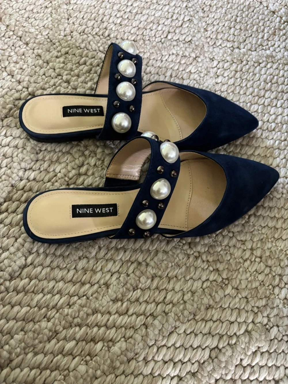Nine West Navy Pearl-Stud Pointed Toe Slide Mules - Picture 2 of 4
